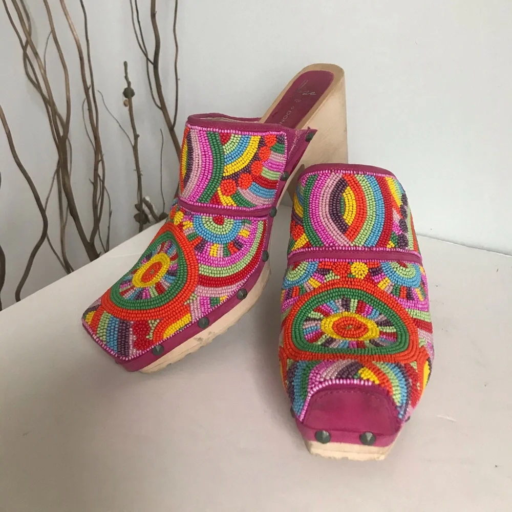 Lisa for Donald J. Pliner Exquisite Hand-Beaded Multicolor Platform Clogs